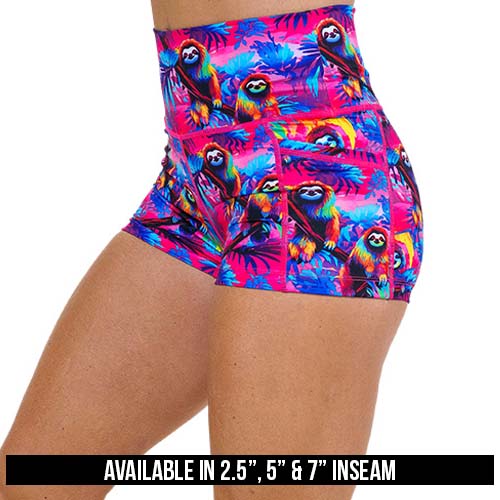 colorful sloth patterned shorts available in 2.5, 5 & 7 inch inseams