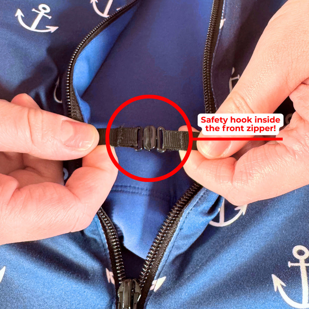 close up of the safety hook inside the front zipper of the dress