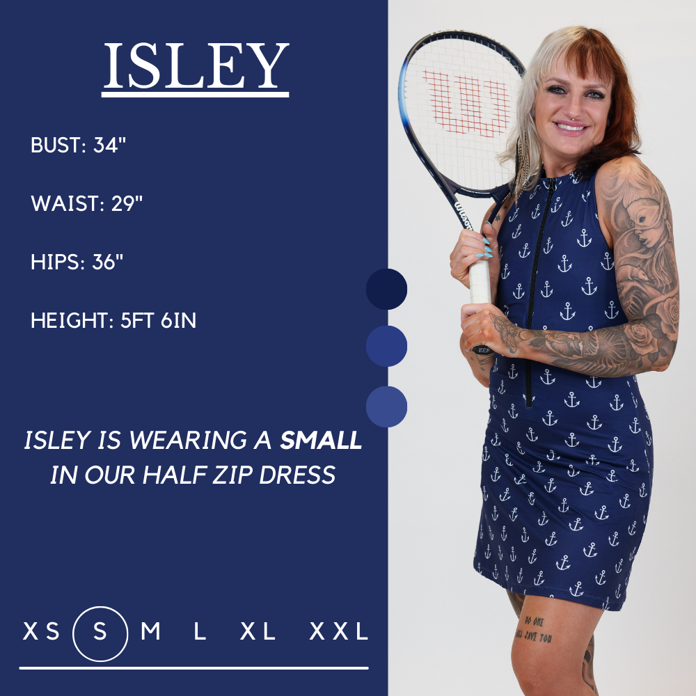 Model’s measurements of 34” bust, 29” waist, 36” hips and height of 5 ft 6 inches. She is wearing a size small in our half zip dress