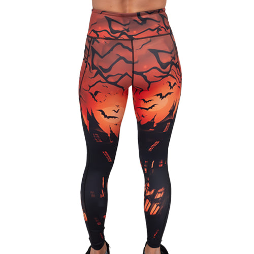 back of haunted house leggings