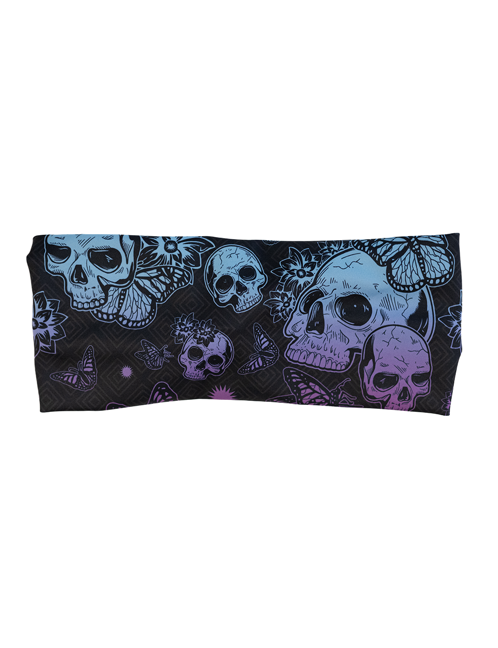 front of the blue and purple skulls surrounded by butterflies headband against a white background