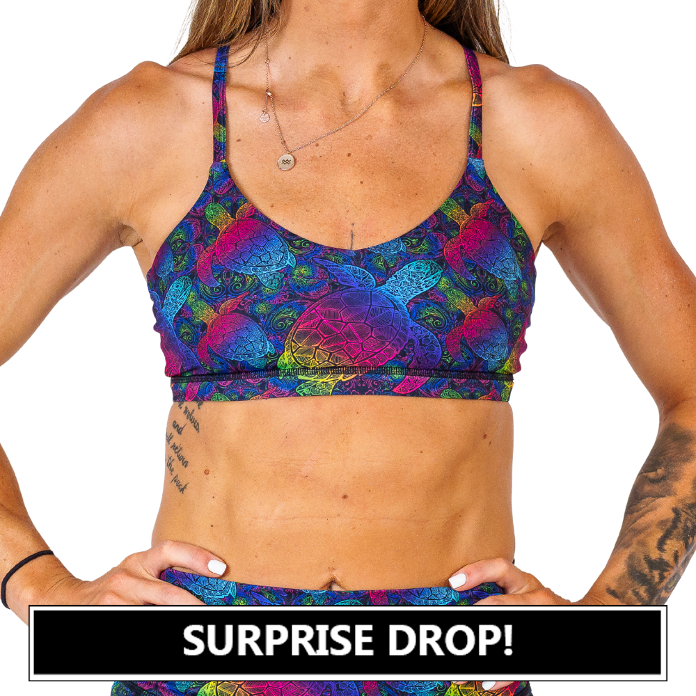pink, yellow, blue, green and purple ombre turtle print bra surprise drop