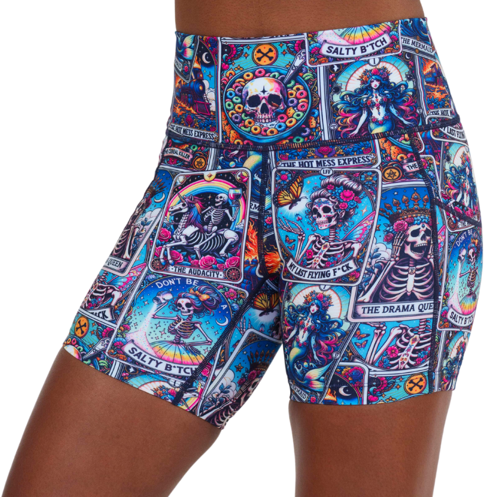 tarot cards print 5 inch shorts facing the front against a white background