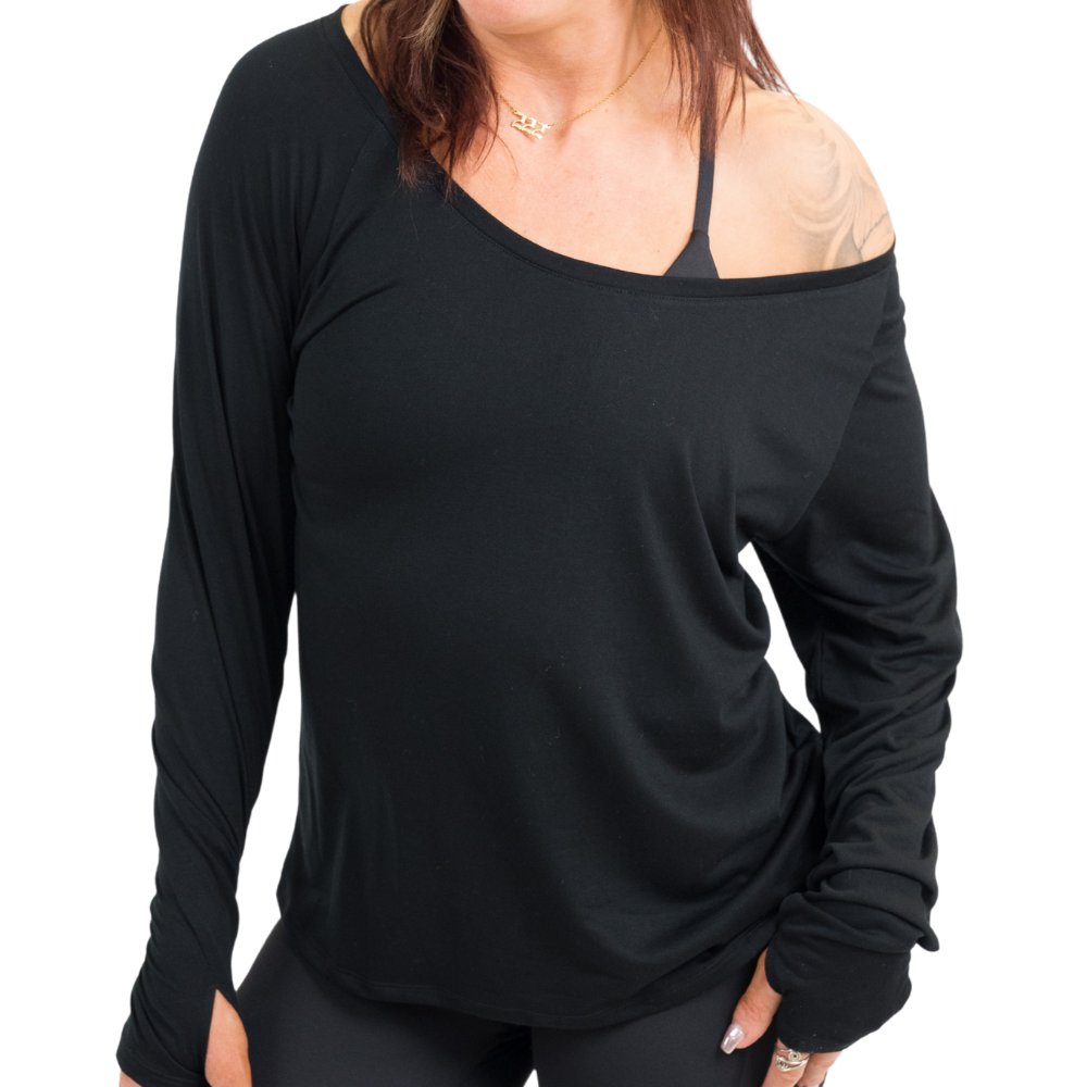 front of the black slouchy long sleeve tee against a white background