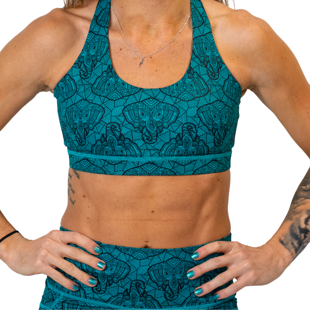 front of the blue elephant outline bra against a white background