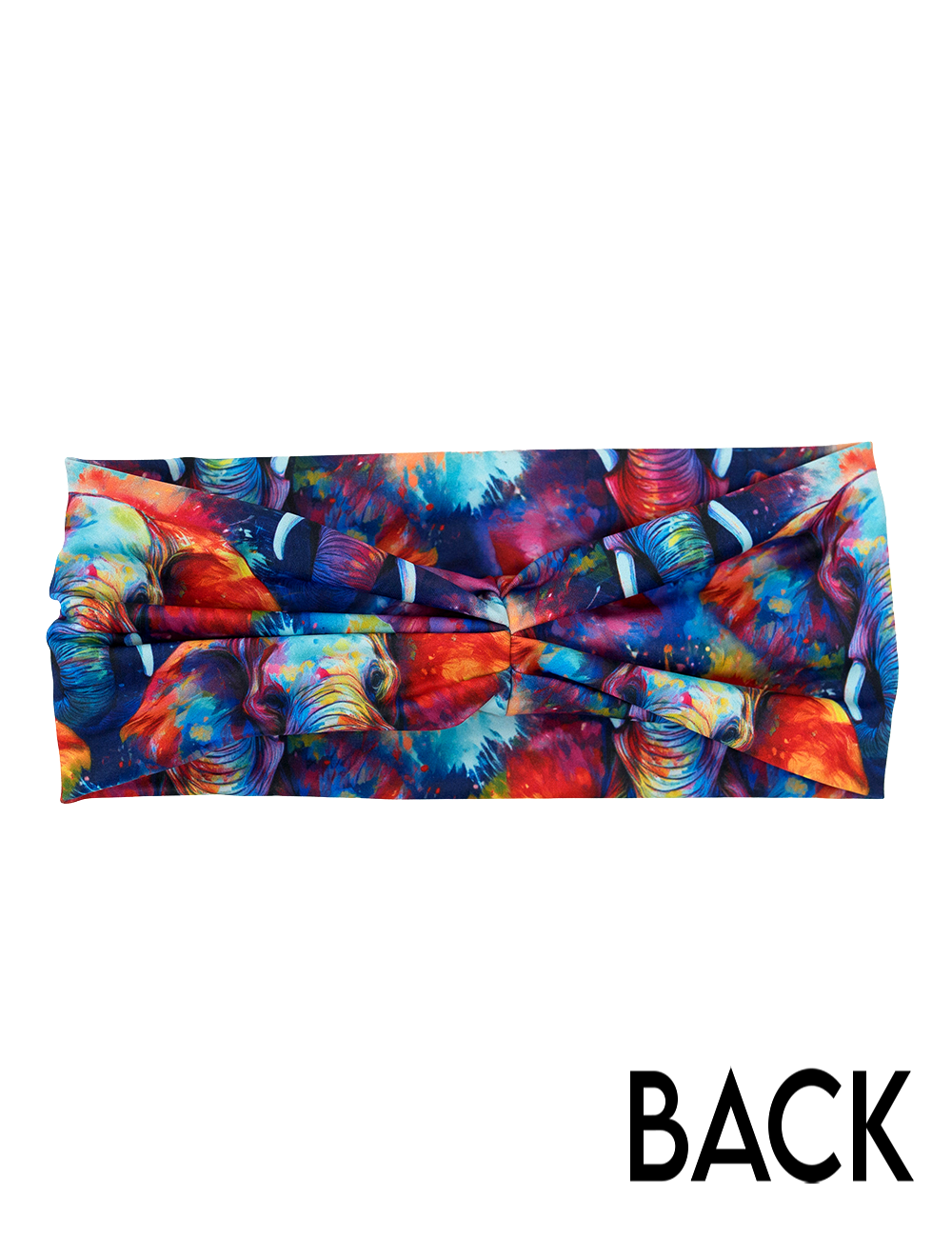 back of the colorful elephant pattern headband against a white background