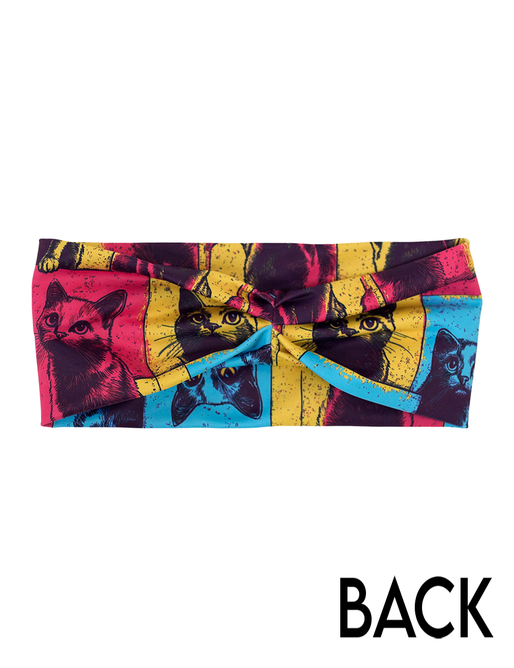 back of the red, blue, and yellow cat patchwork print headband against a white background