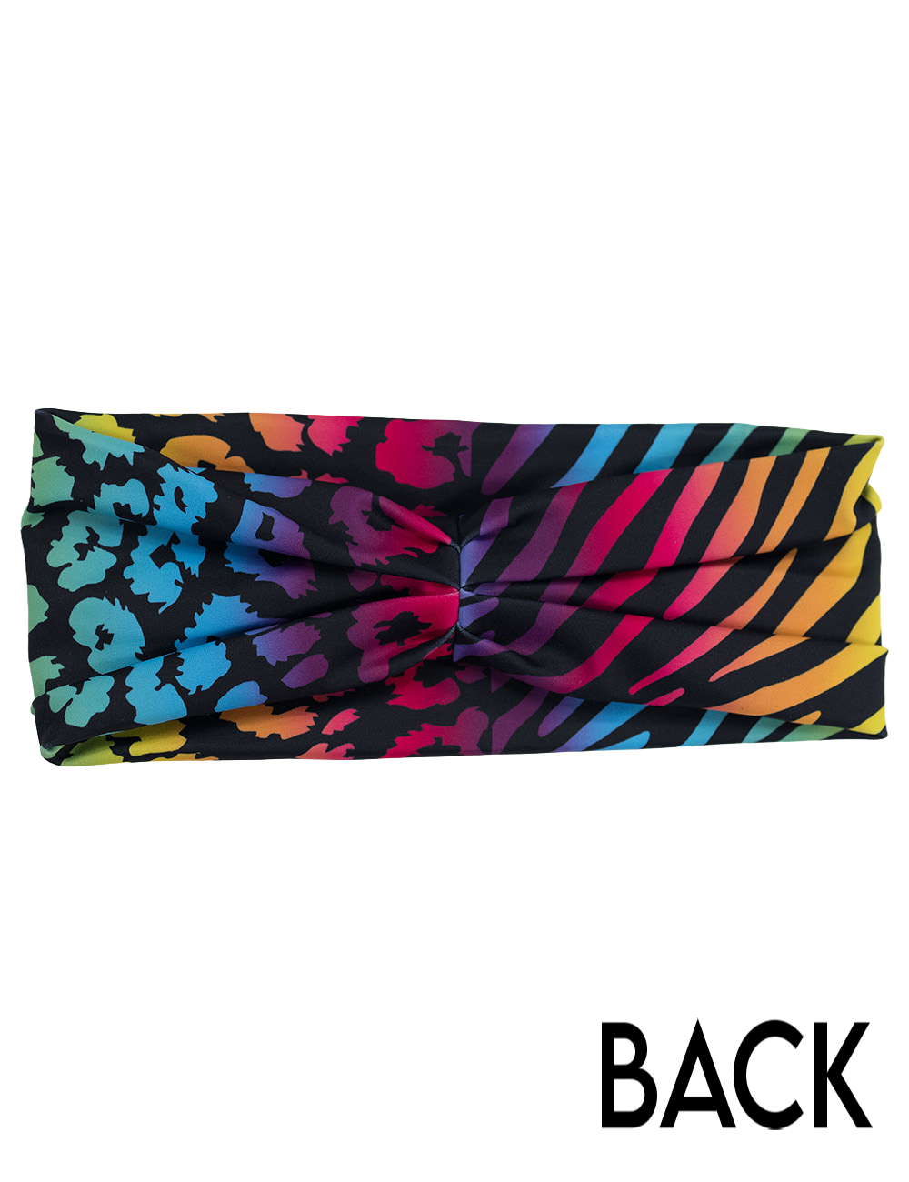 back of the zebra and leopard rainbow print headband against a white background