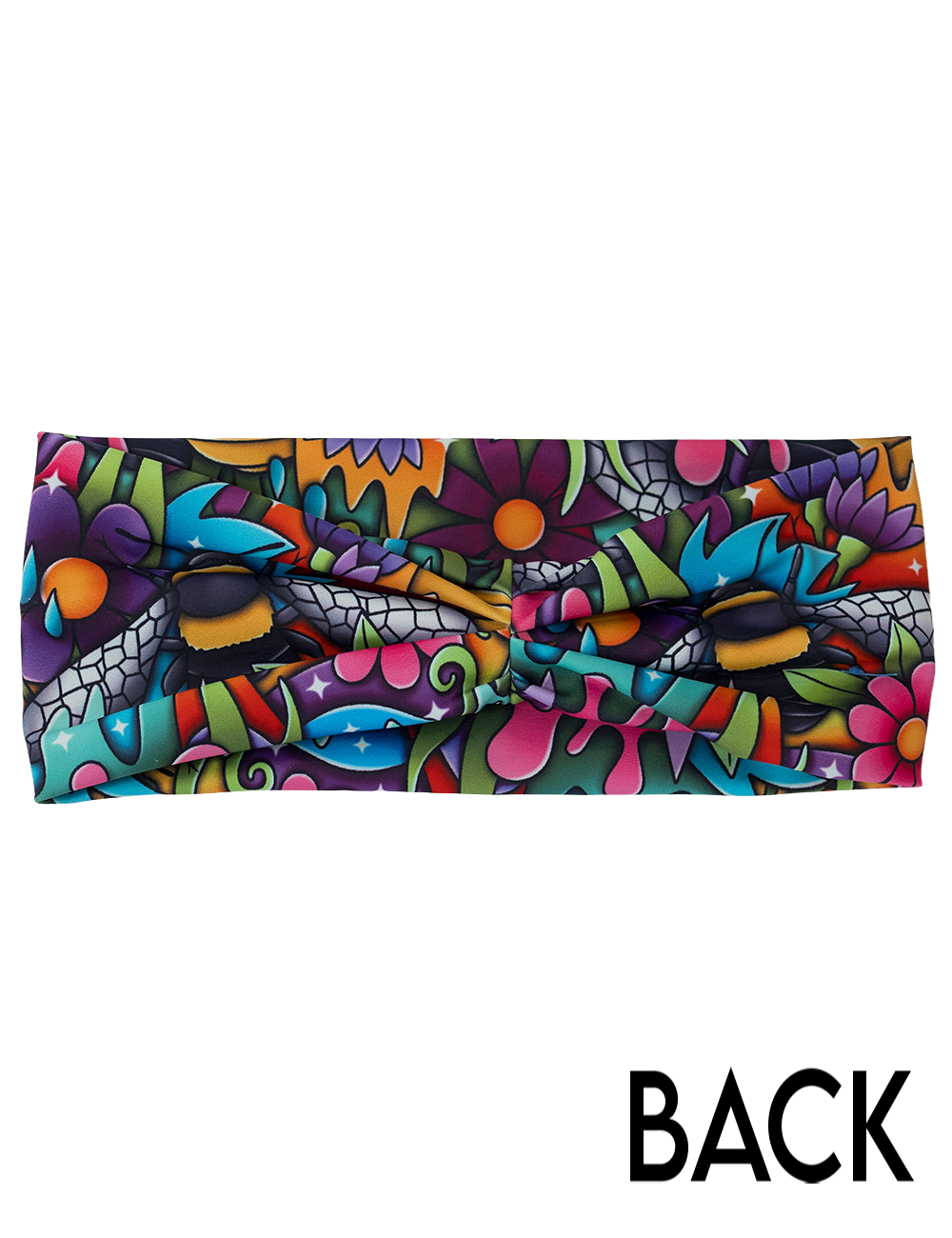 back of the cartoon bees among colorful cartoon flowers headband
