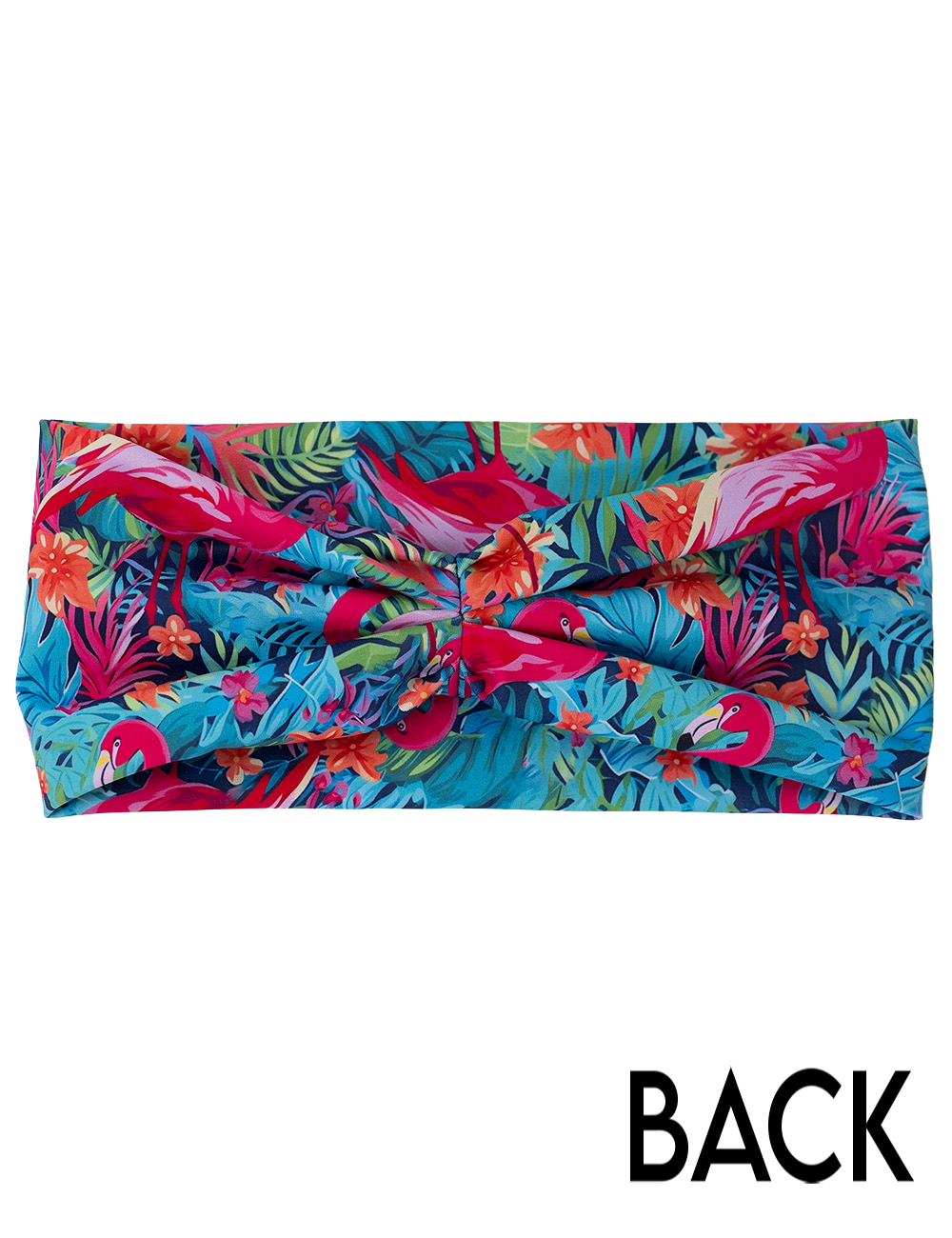 back of the pink flamingos in the jungle headband against a white background