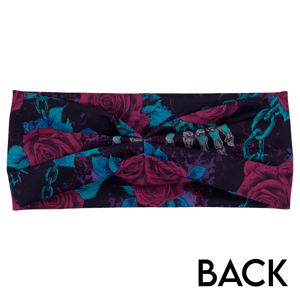 back of the roses and skeleton hands connected by chain links pattern headband