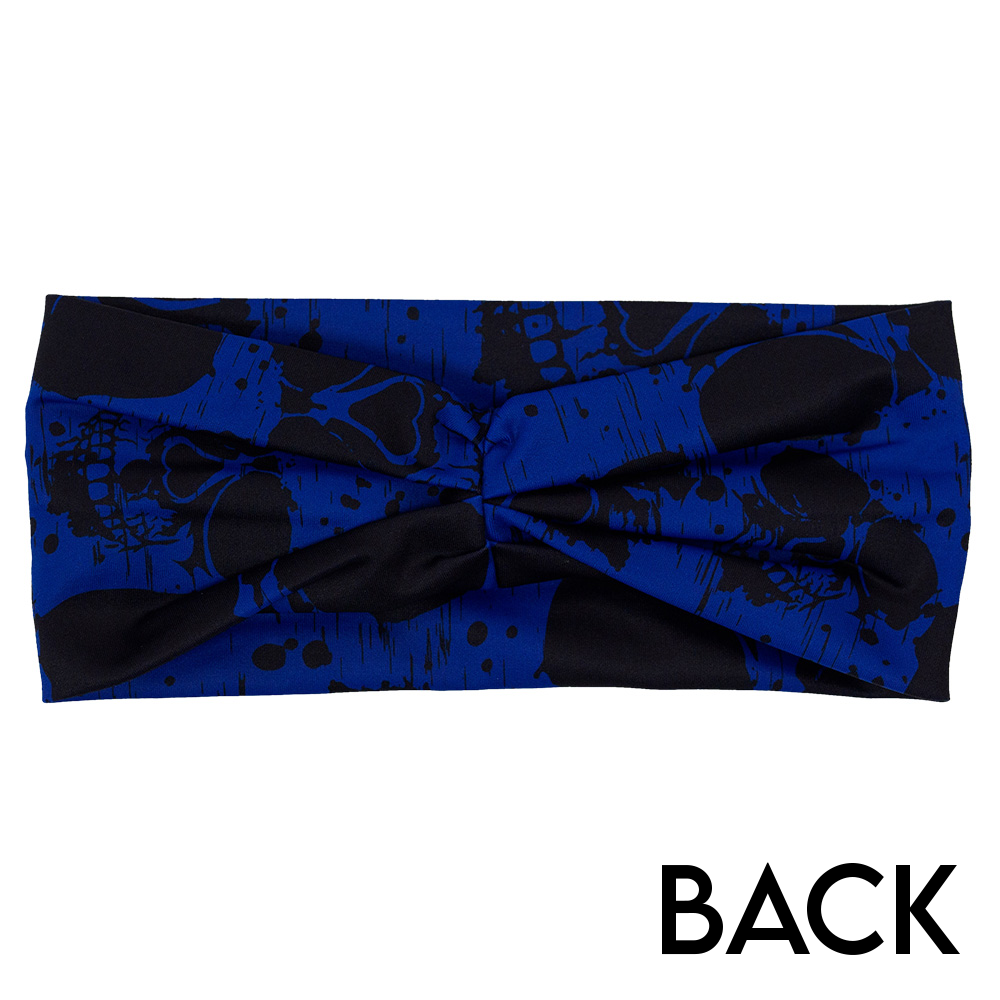 back of the dark skulls against a blue background pattern headband against a white background