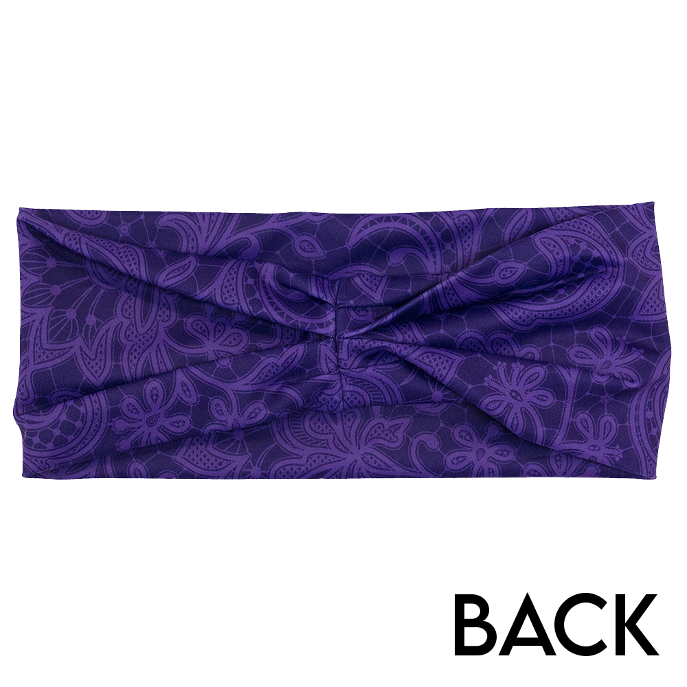 back of the purple flower artwork headband against a white background