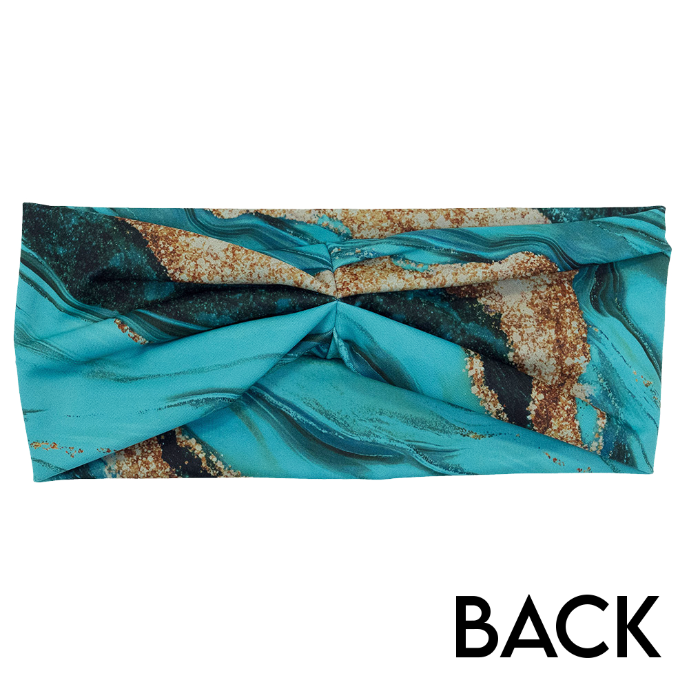 back of the blue ocean with gold streaks patterned headband against a white background