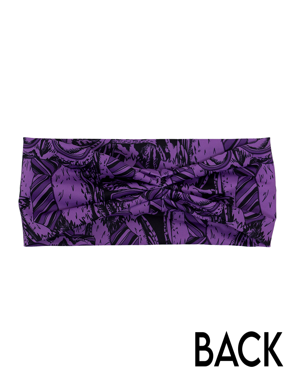 back of the purple owl wearing glasses and a tie print headband against a white background