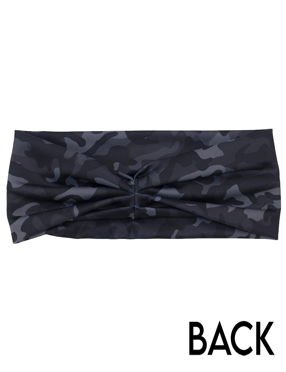 back of the black camo print headband against a white background