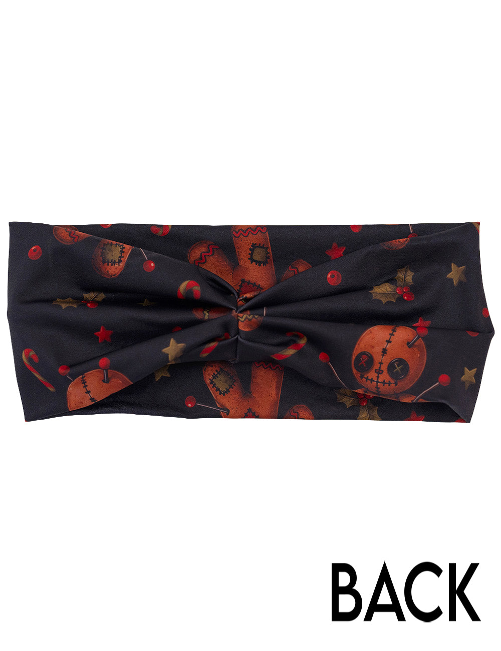 back of the gingerbread voodoo dolls with pins in them surrounded by berries and stars on a black background headband