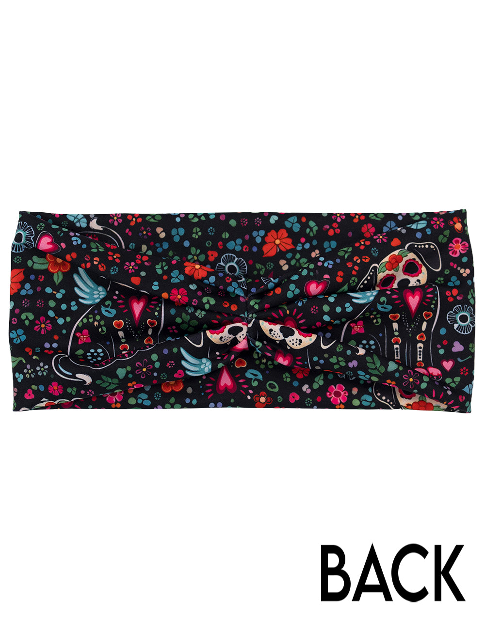 back of the skeleton dogs surrounded by flowers headband against a white background