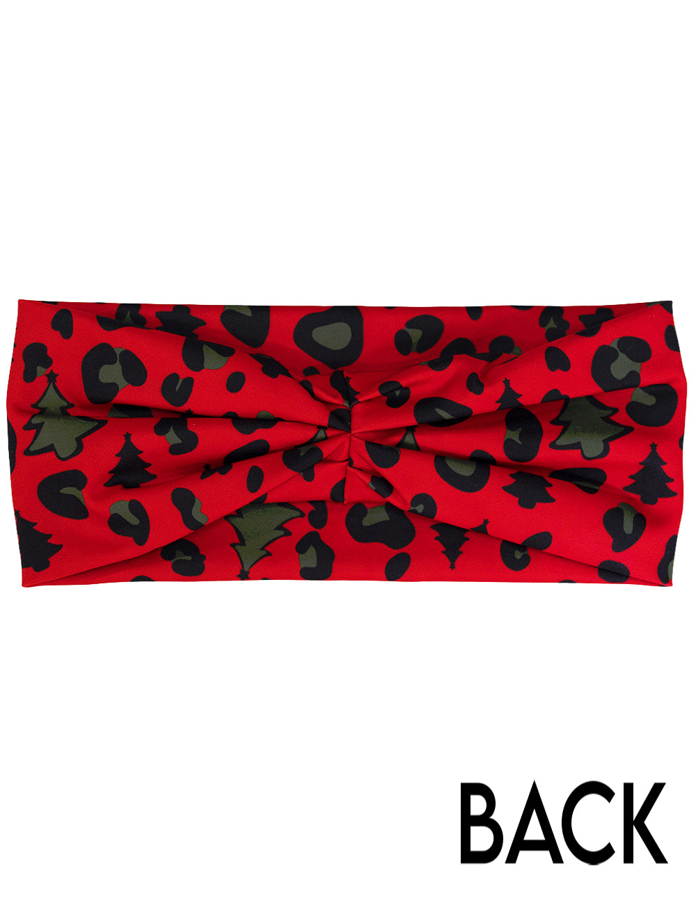 back of the red and brown Christmas trees and leopard print headband