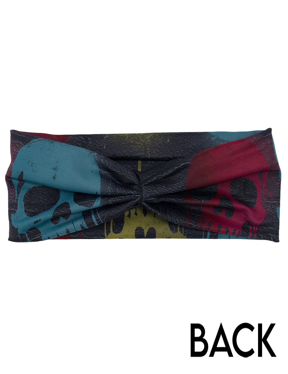 back of the black brick with spray painted skulls headband against a white background