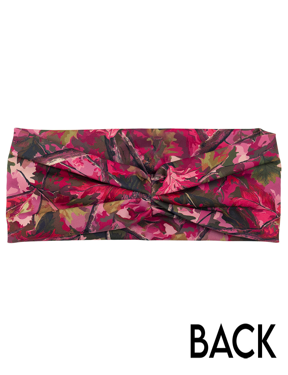 back of the pink forest camo headband against a white background