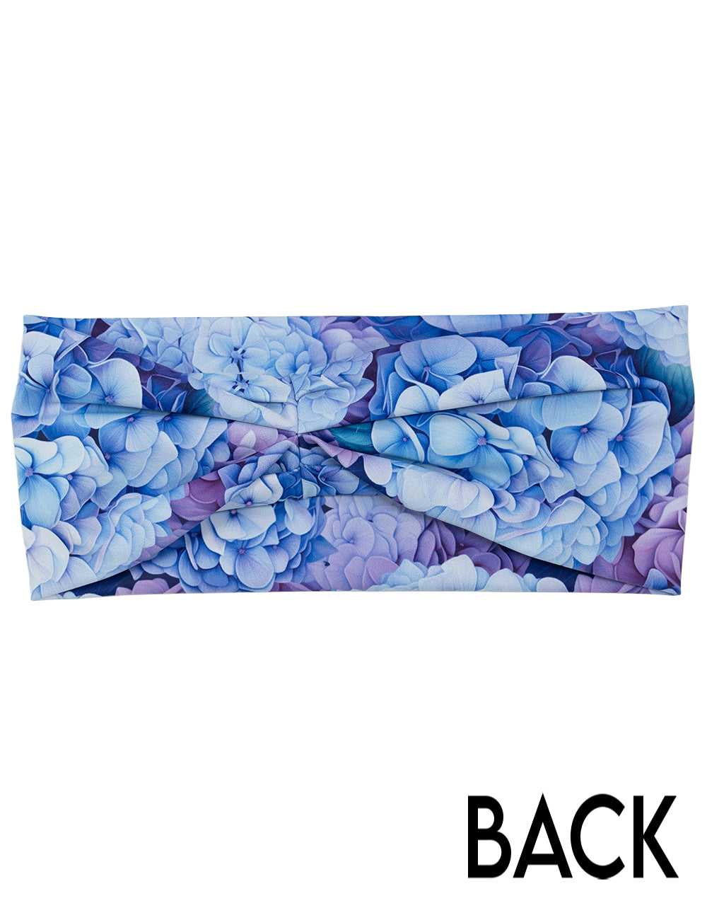 back of the blue and purple pastel flowers headband against a white background