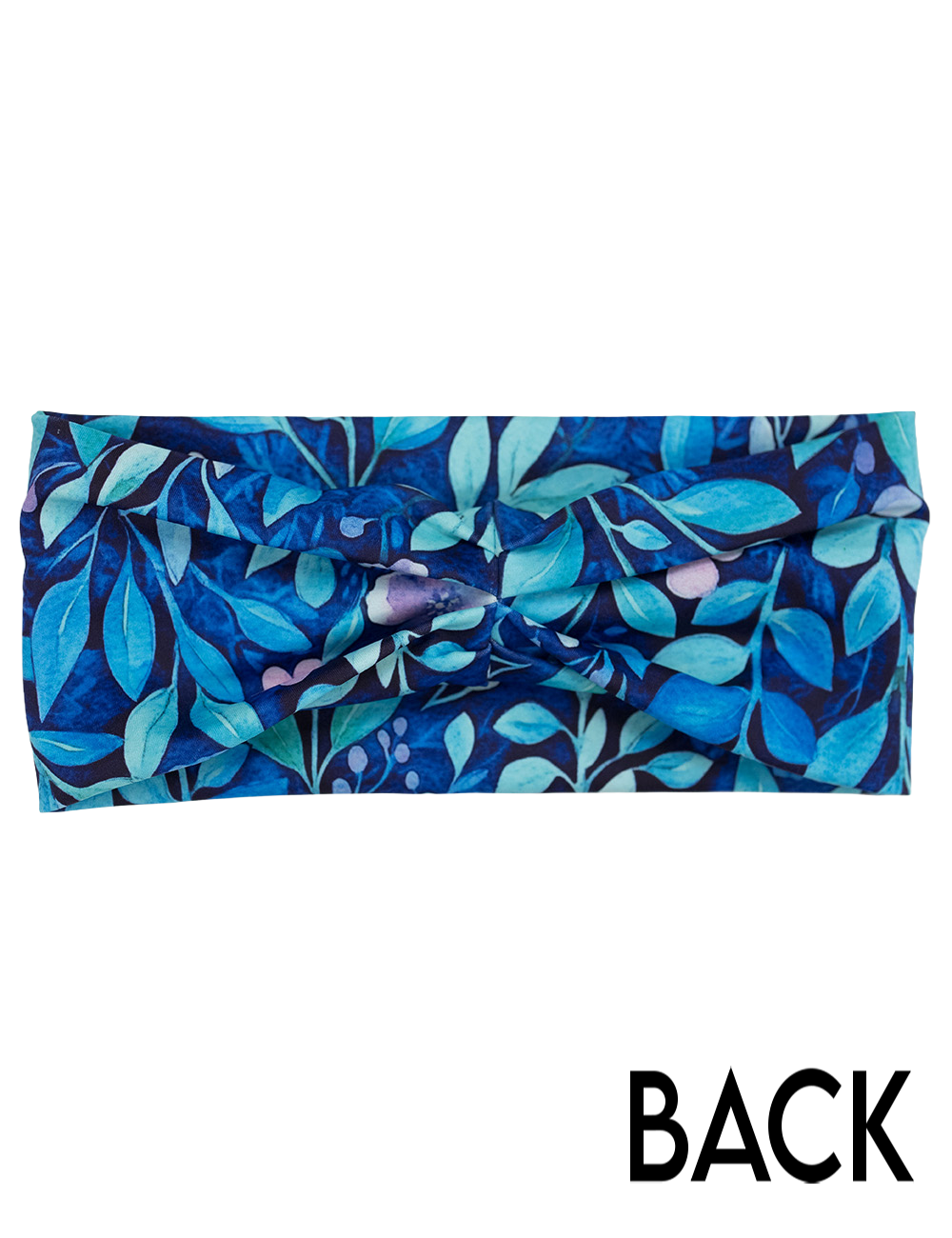 back of the blue flowers and vines headband against a white background