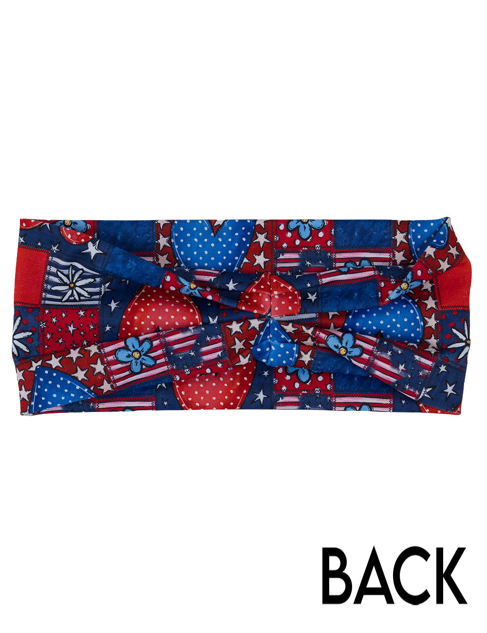 back of the patchwork red white and blue with red and blue hearts headband against a white background