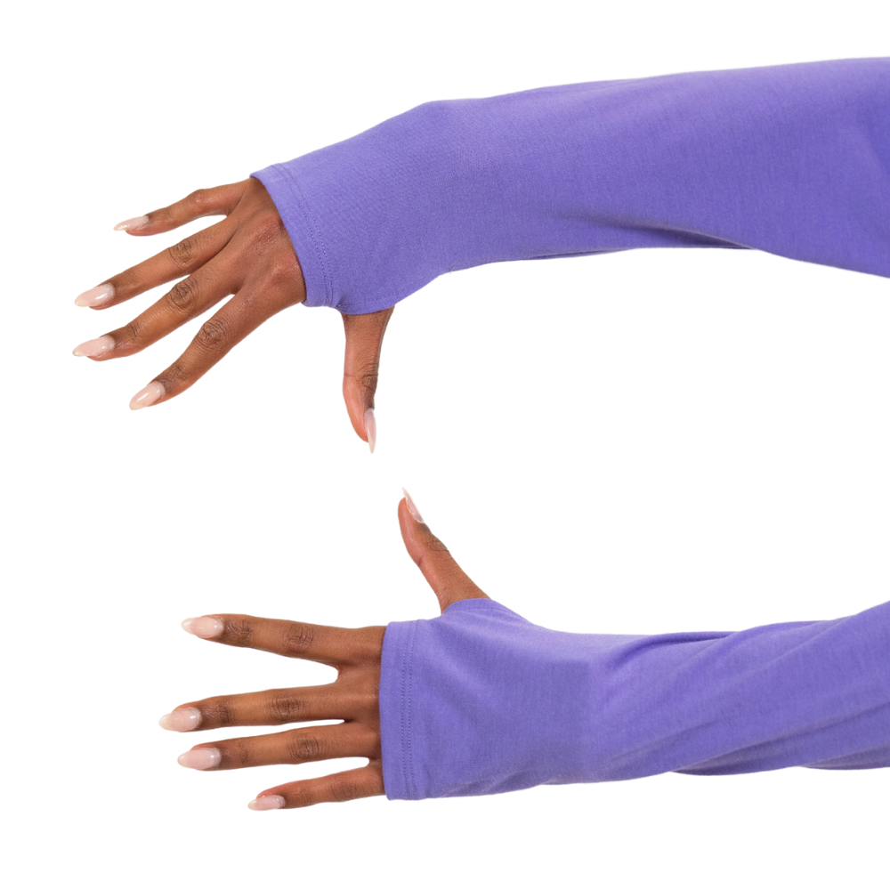 purple long sleeve slouchy tee thumb holes shown against a white background