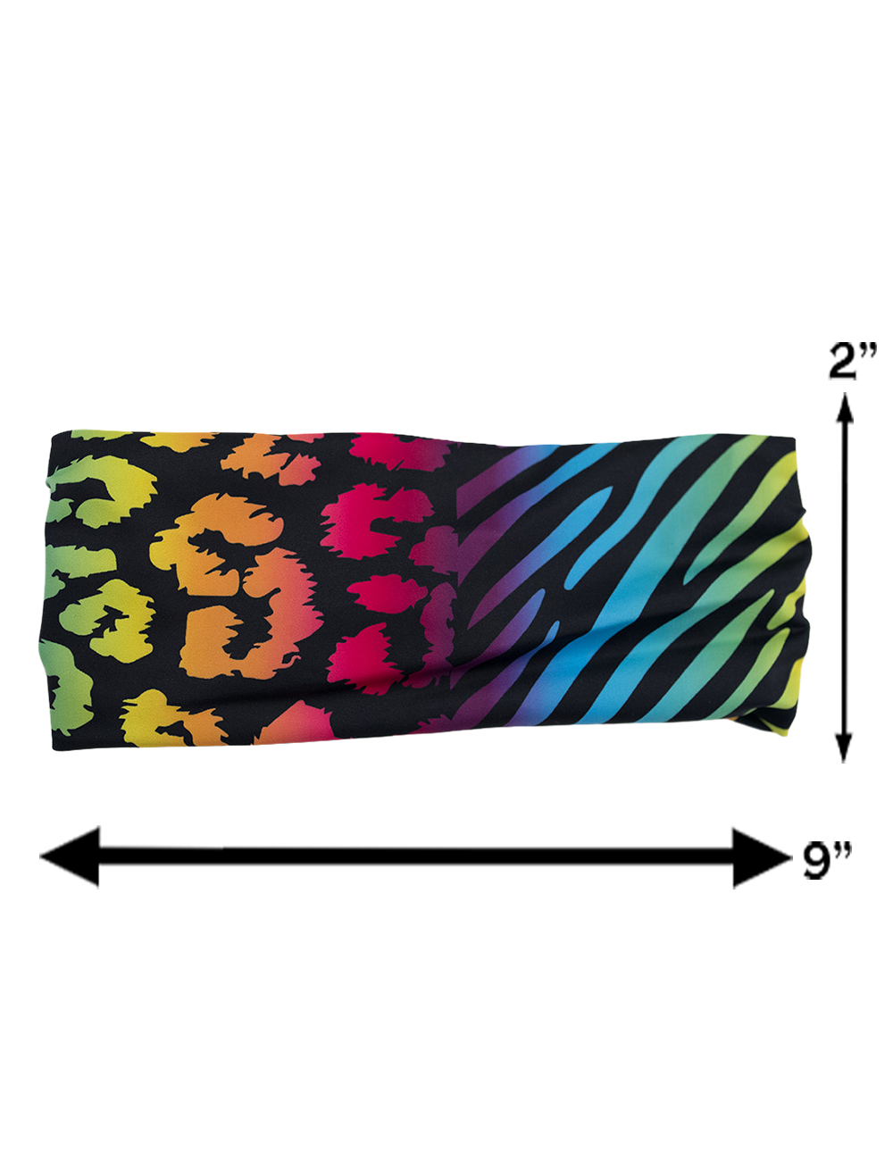measurement chart for the rainbow zebra and leopard print headband, measurement is 2 inches by 9 inches