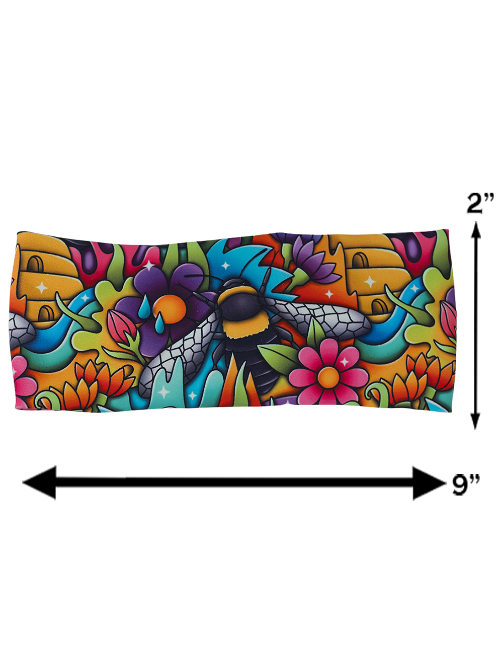 measurement chart for the cartoon bee among colorful cartoon flowers headband, measurements are 2 inches by 9 inches
