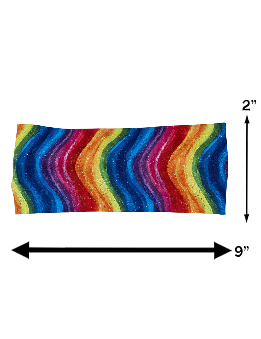 measurement chart for the rainbow waves headband, measurements are 2 inches by 9 inches