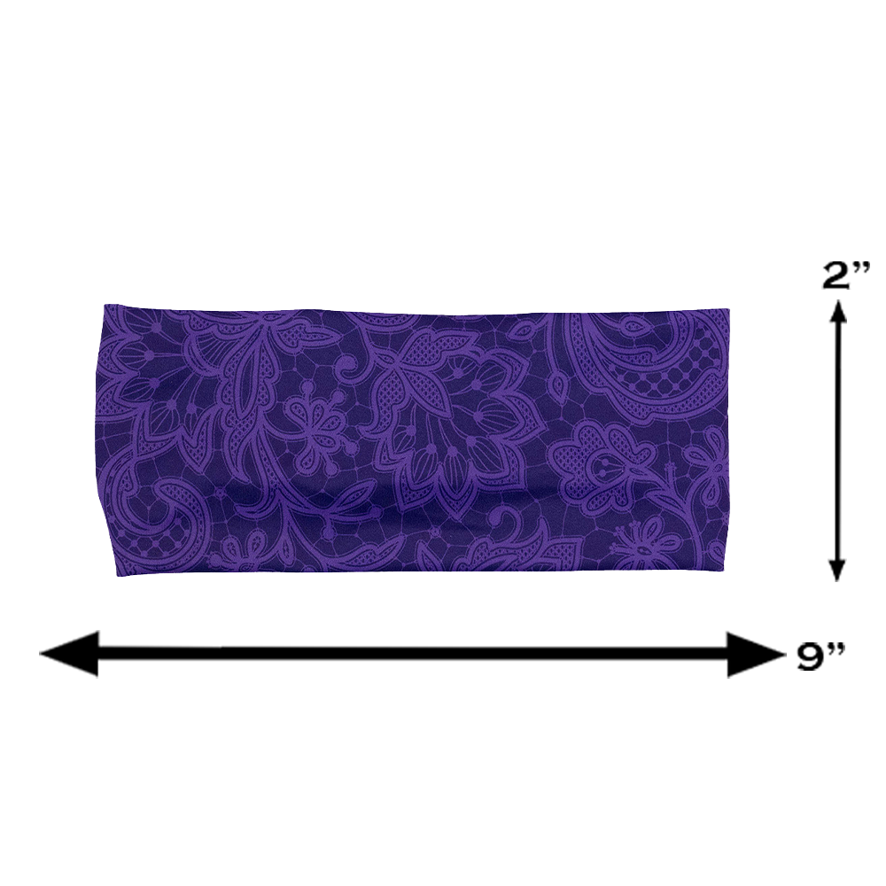 measurements for the purple flower artwork headband, 2 by 9 inches