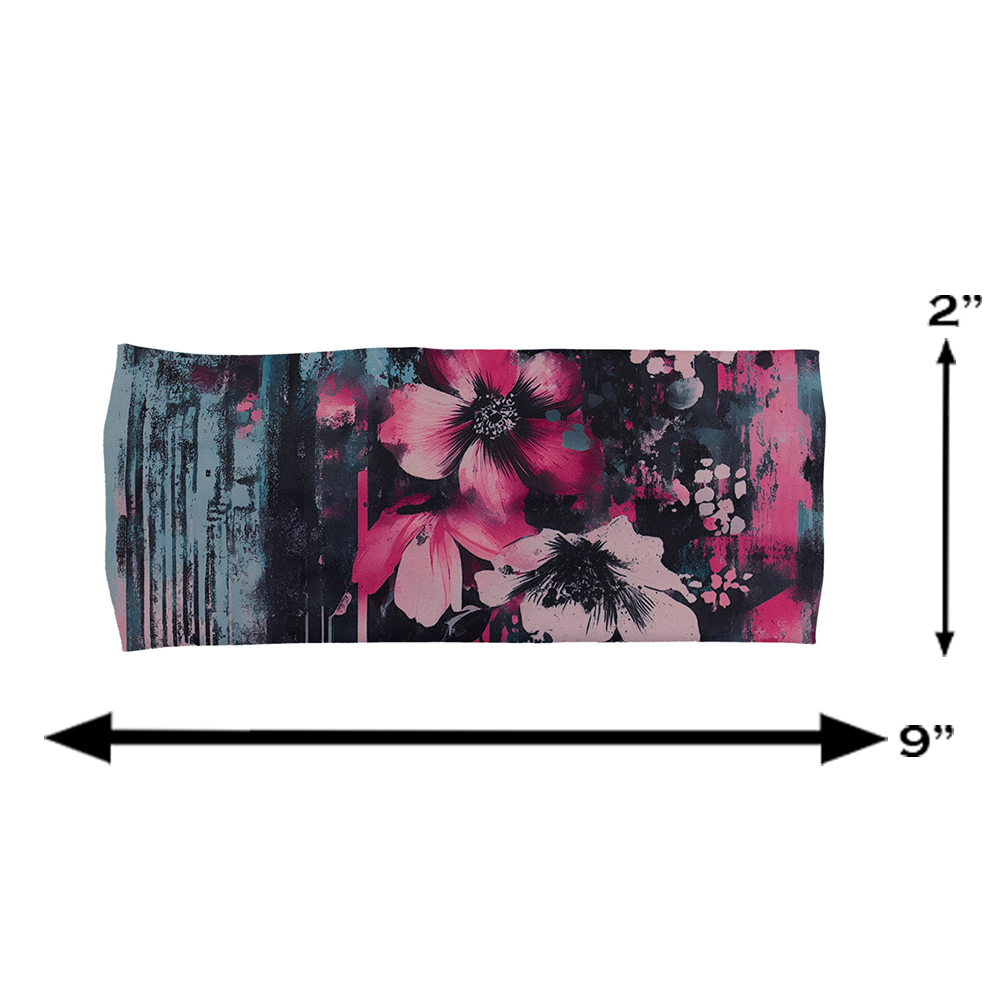 measuring graphic for the pink flowers against a bold teal and pink striped background pattern headband, measurements are 2 inches by 9 inches