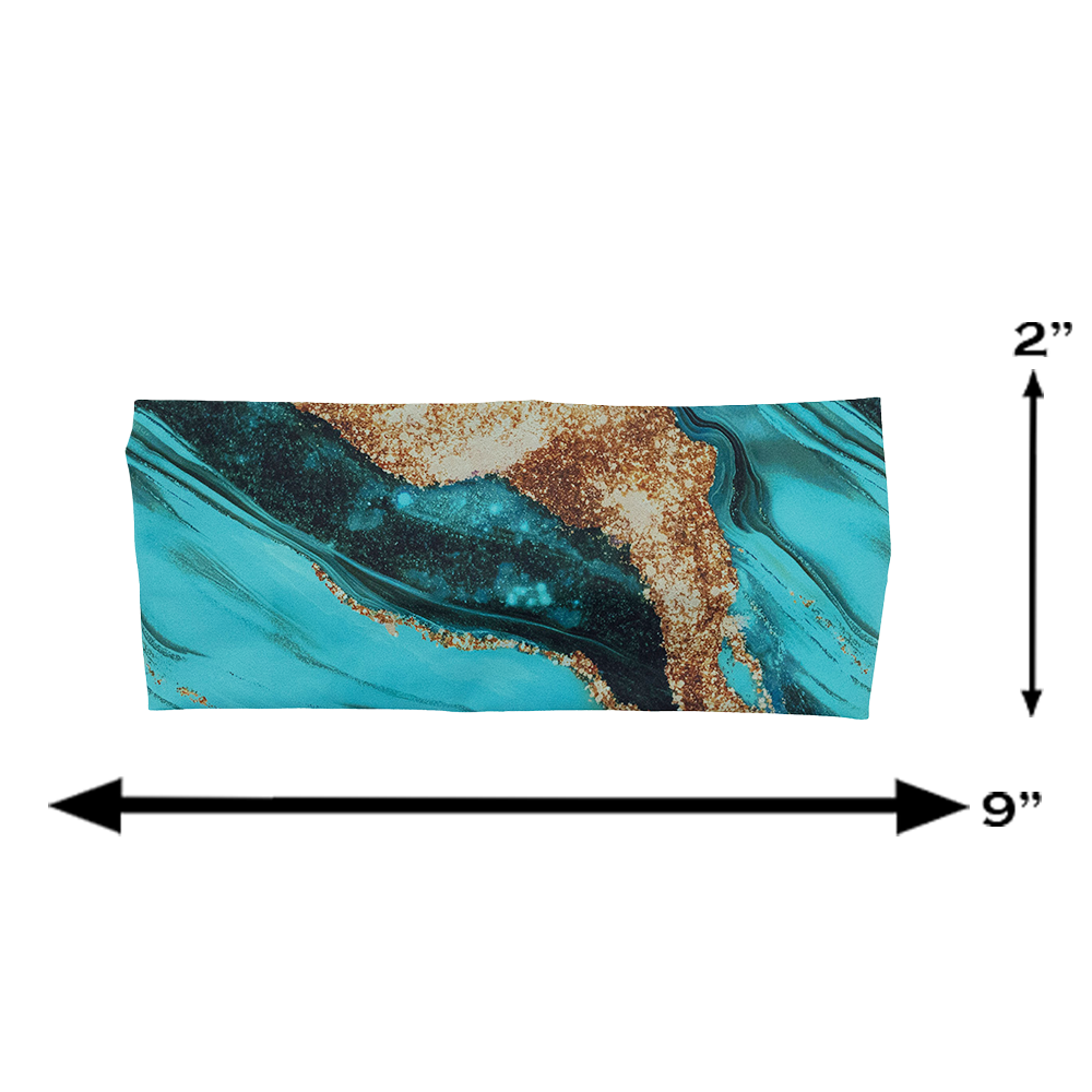measurement chart for the blue ocean with gold streaks patterned headband, 2 inches by 9 inches