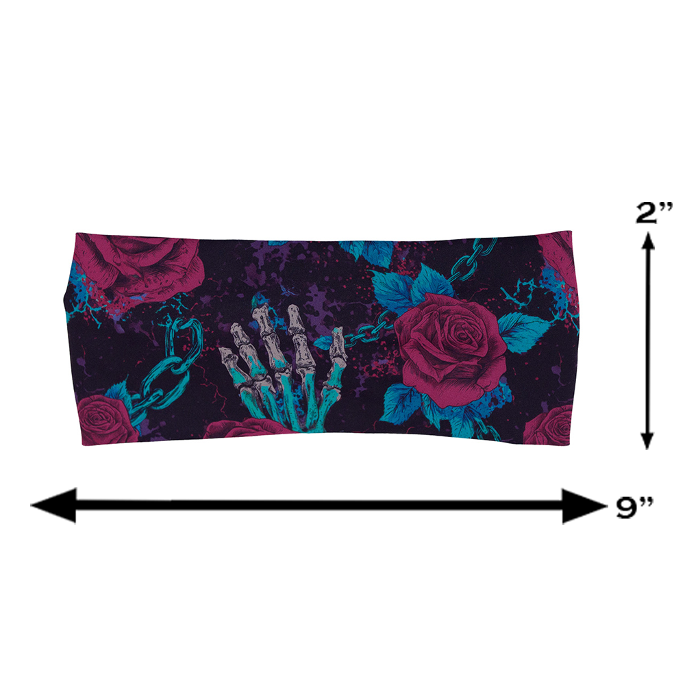 measuring graphic for the roses and skeleton hands connected by chain links pattern headband, 2 inches by 9 inches