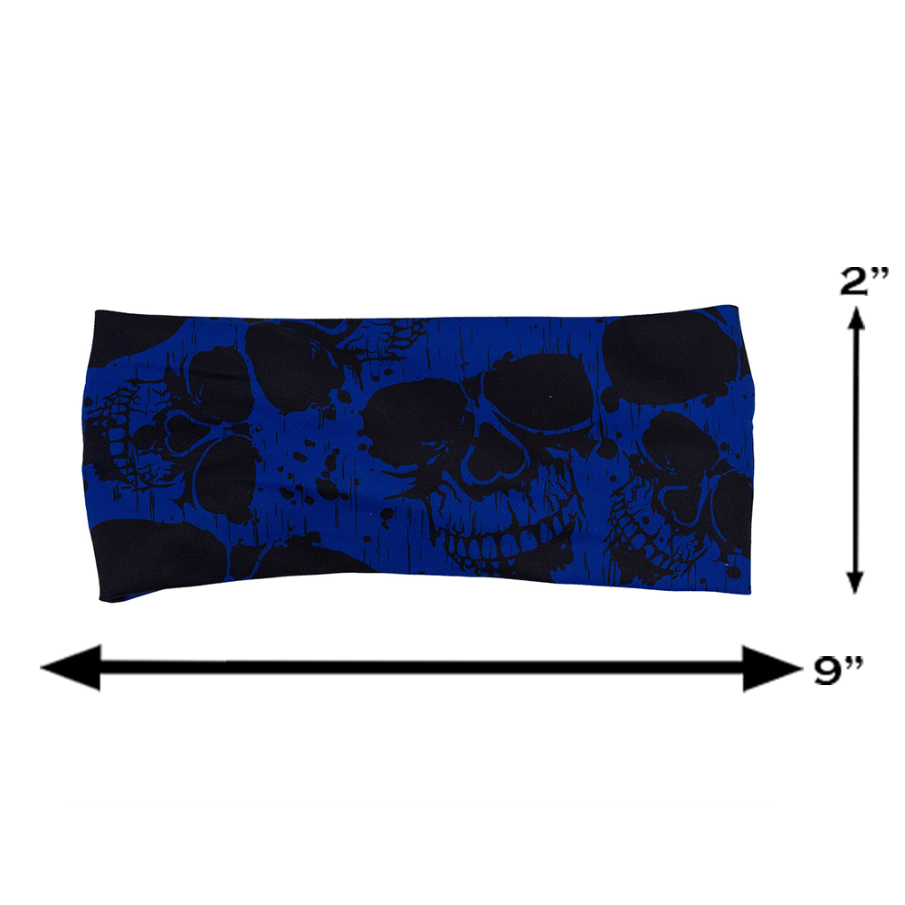 measuring graphic for the dark skulls against a blue background pattern headband, measurements are 2 inches by 9 inches