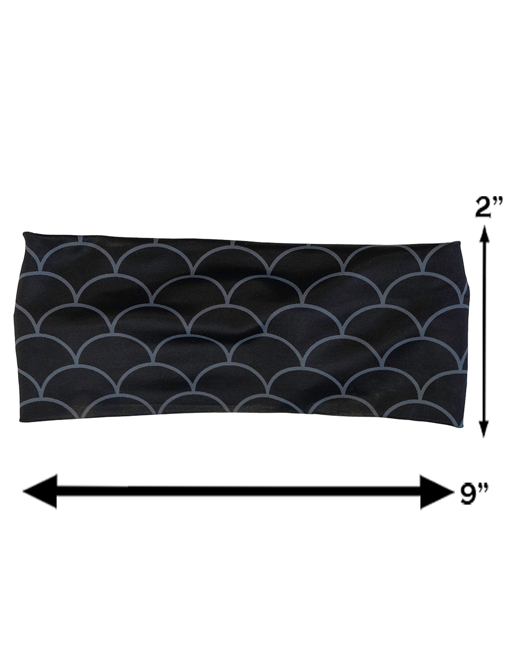 measurement chart for the dragon scale outline against a dark background pattern headband, measurements include 2 by 9 inches