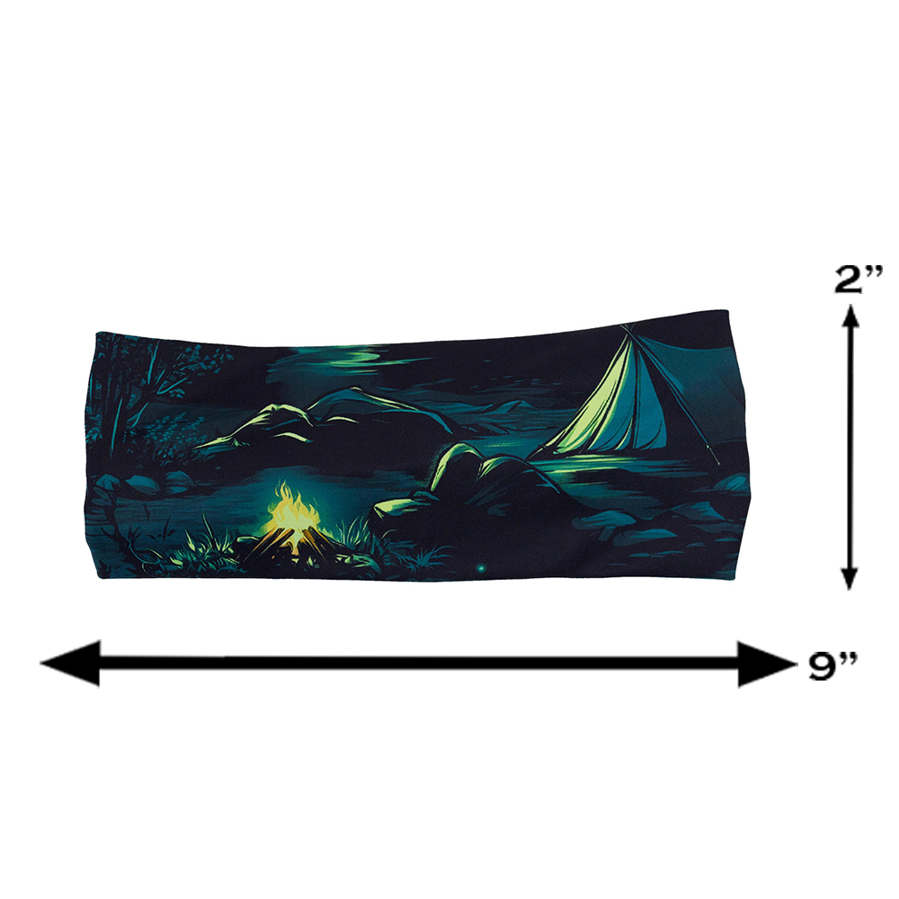 measurements for the night time camp out headband, measurements are 2 inches by 9 inches