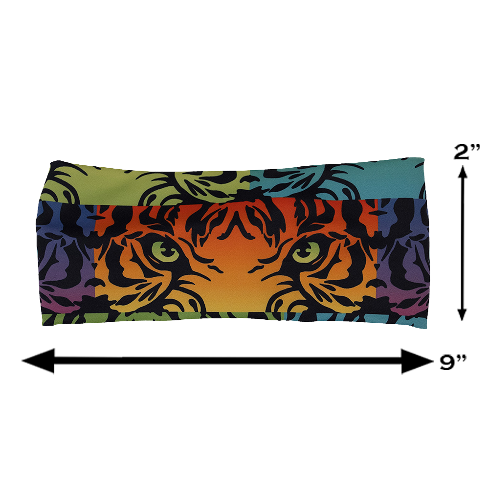 measurements for the rainbow tiger print headband, measurements are 2 inches by 9 inches