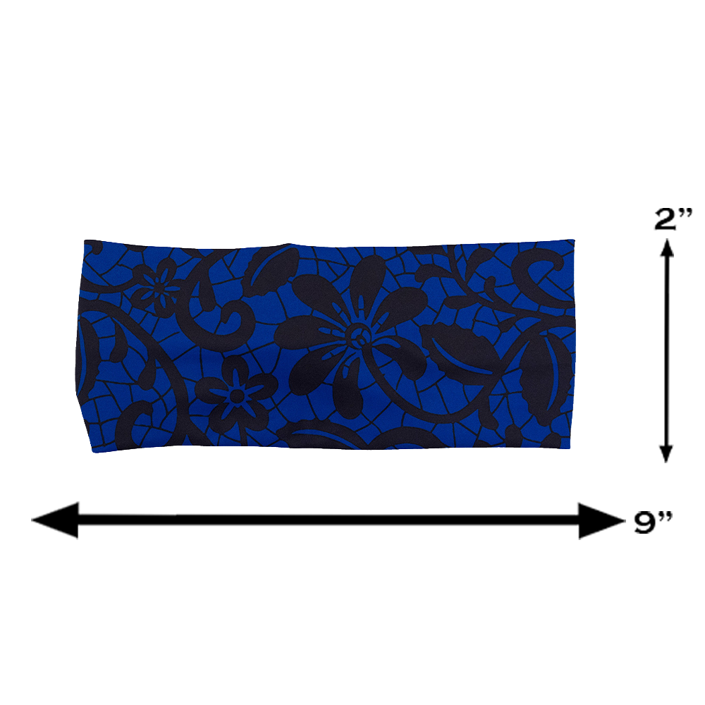 measuring chart for the black floral against a dark blue background headband, 2 inches by 9 inches