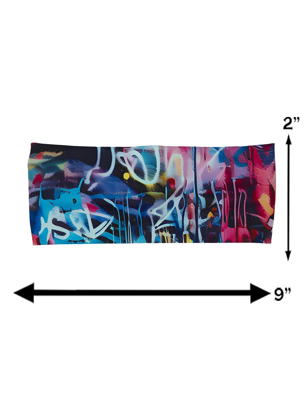 sizing graphic for the multicolored graffiti pattern headband, sizes include 2 by 9 inches