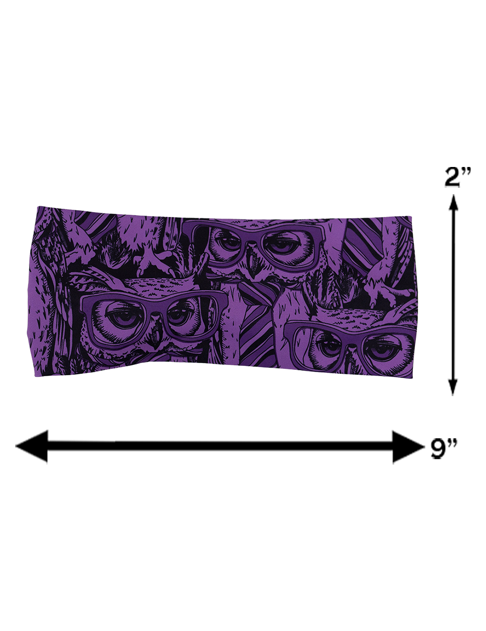 measuring chart for the purple owl wearing glasses and a tie print headband, the measurements are 2 inches by 9 inches