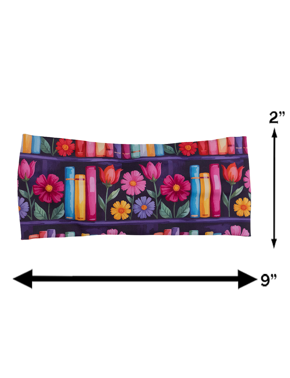 measurements graphic for the brightly colored book and plant headband, measurements are 2 inches by 9 inches