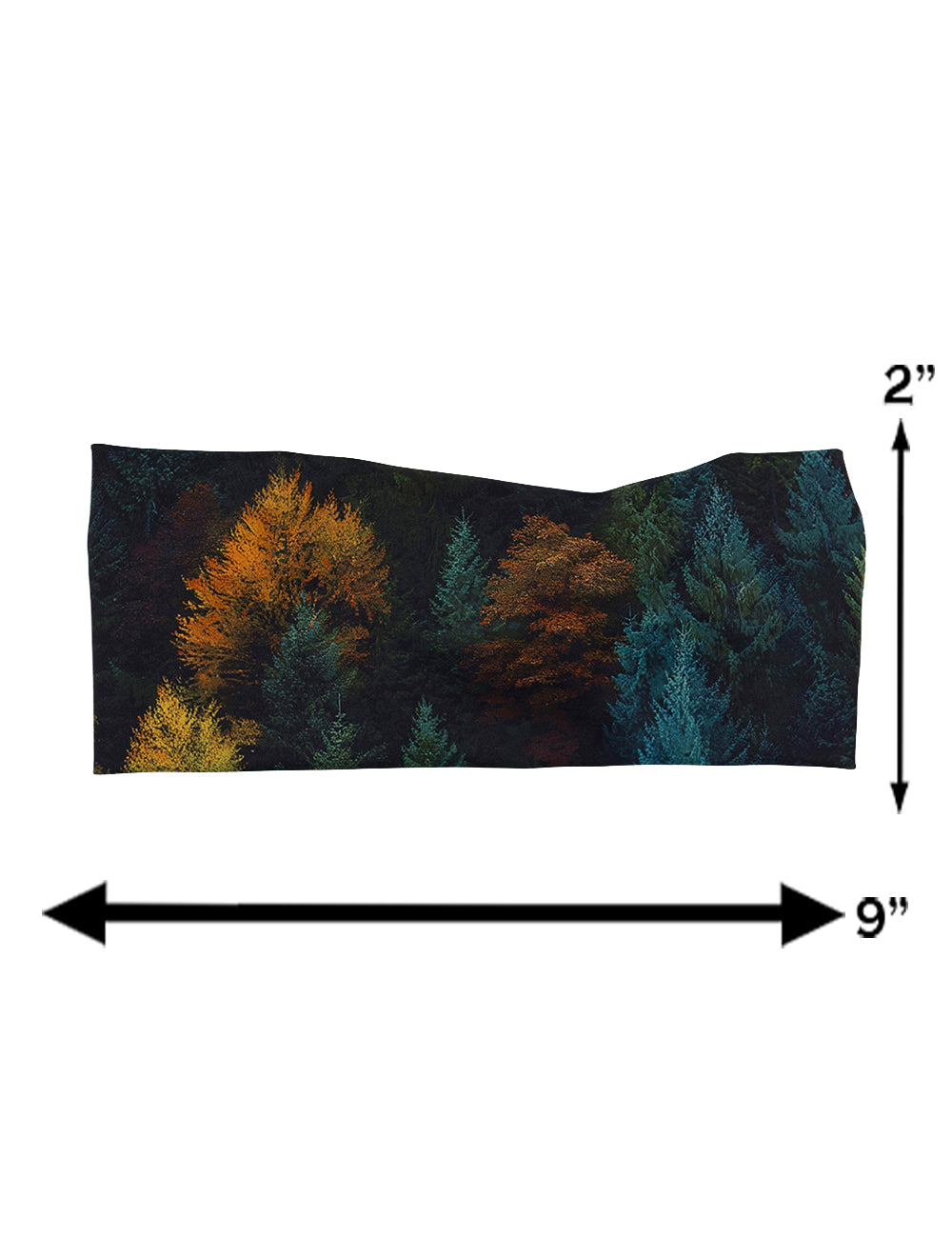 measurement chart for the orange, green, and bluish green trees headband, measurements are 2 inches by 9 inches