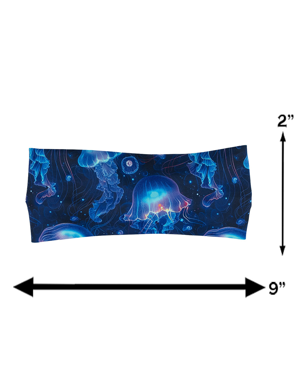 measuring chart for the blue jellyfish headband, measurements are 2 inches by 9 inches