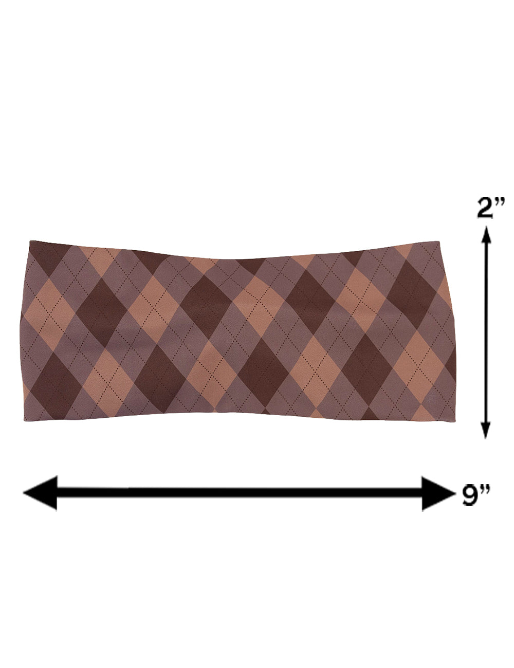 measurement chart for the grey, beige, and brown plaid headband, measurements are 2 inches by 9 inches