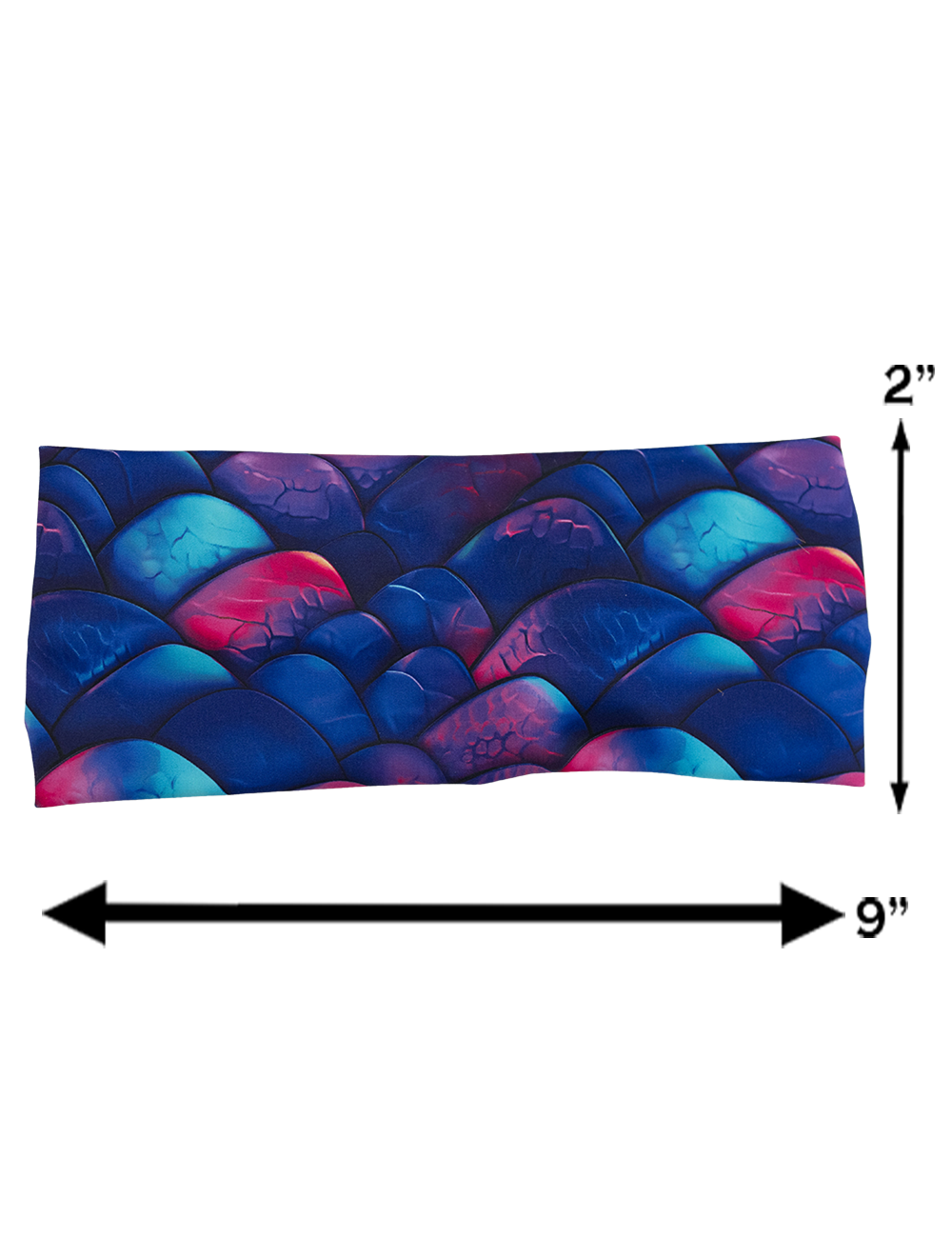 measurements for the blue, purple, and red colored dragon scale headband, measurements include 2 inches by 9 inches