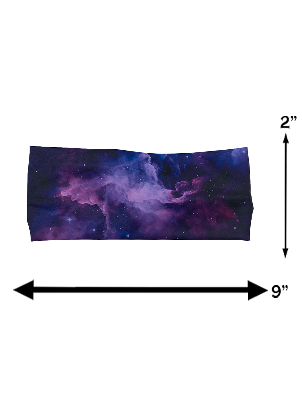measurement chart for the purple space headband, measurements are 2 inches by 9 inches