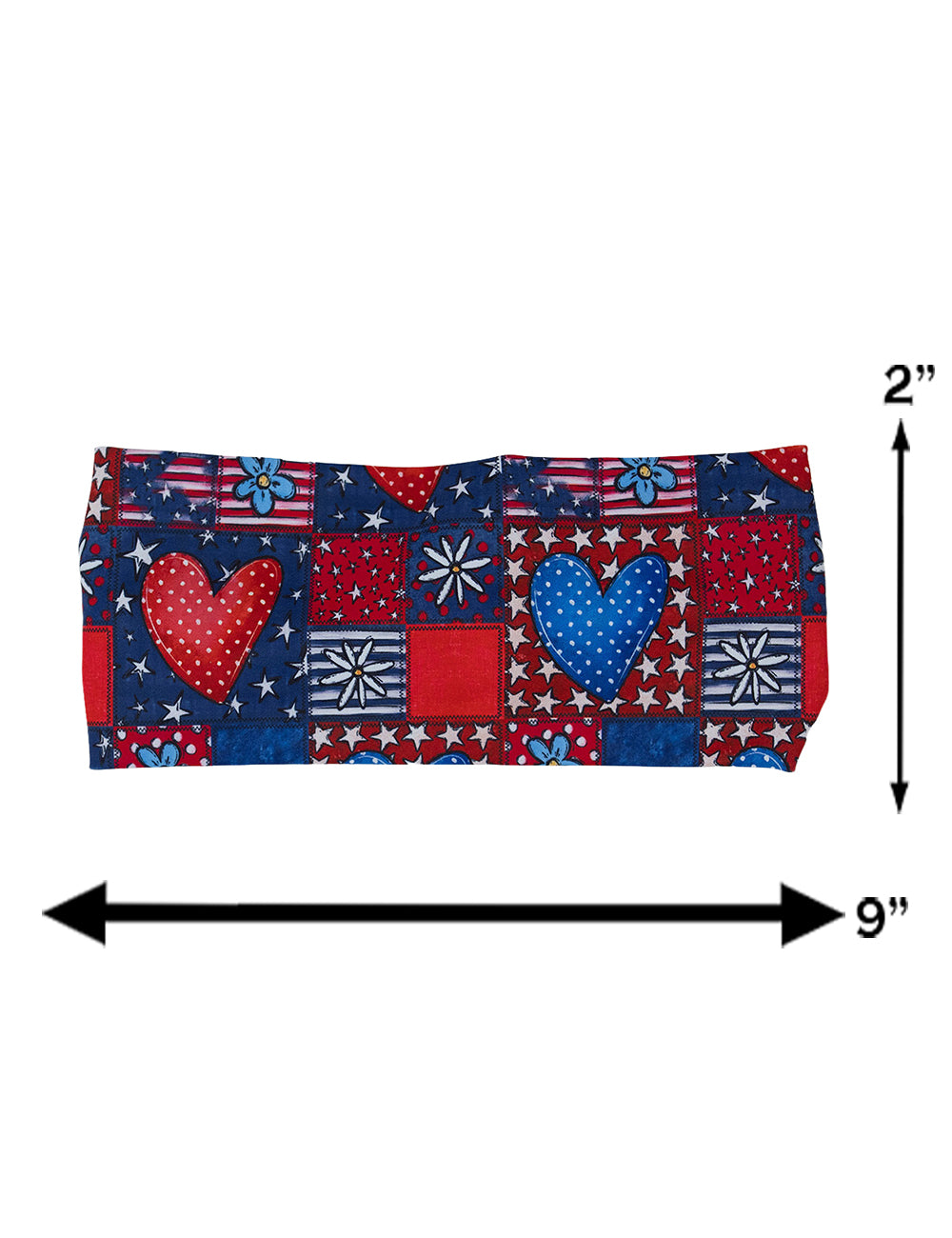 the red white and blue patchwork headband with red and blue hearts measuring chart, measurements include 2 inches by 9 inches